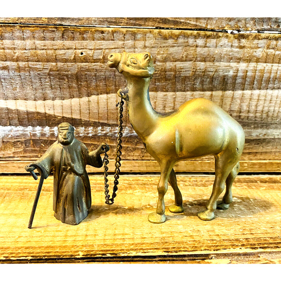 Vintage Mid Century Brass Camel and Shepard Figures - Picture 1 of 11